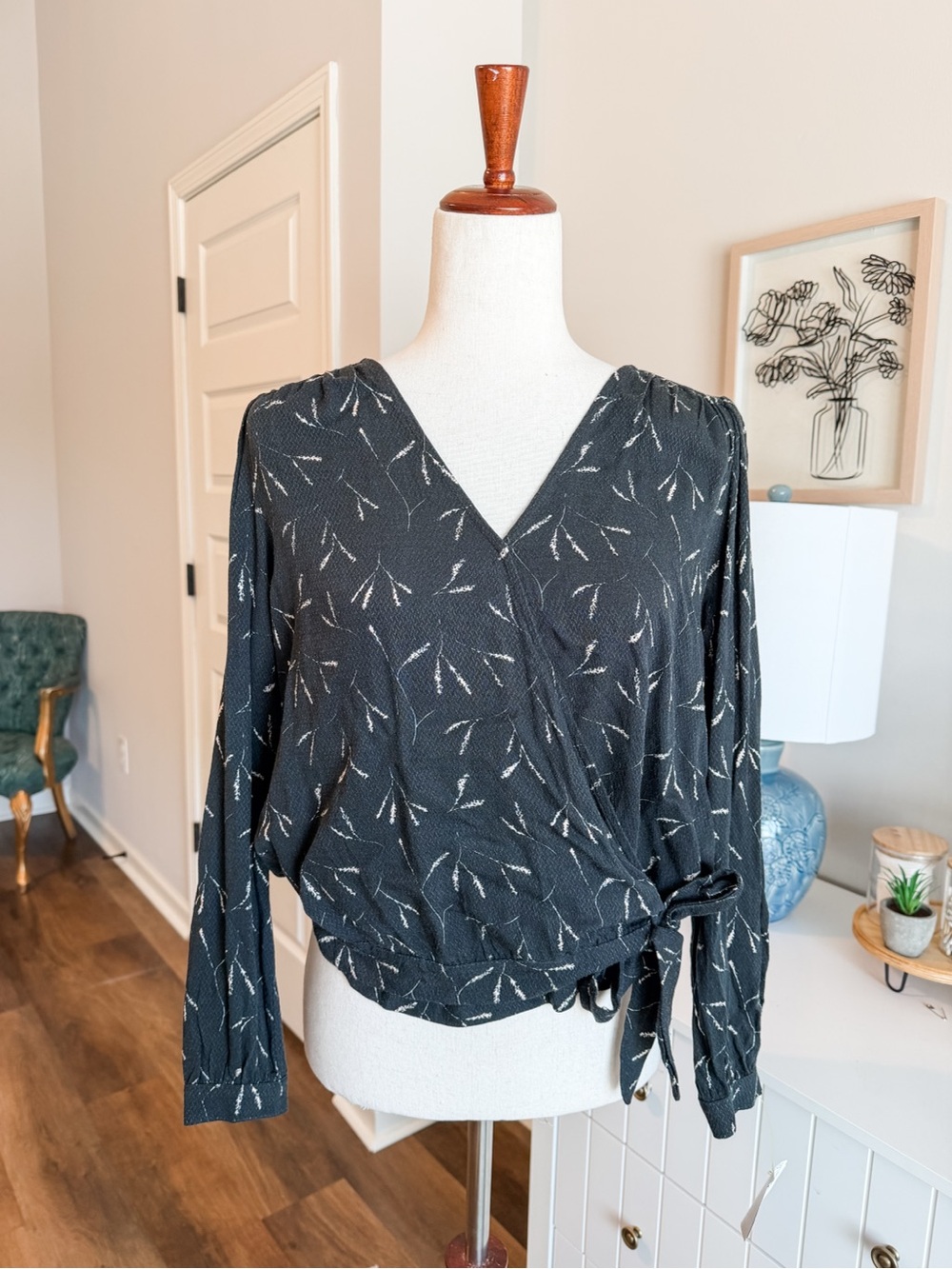Wrap-Front Blouse in Black with Subtle Twig Print